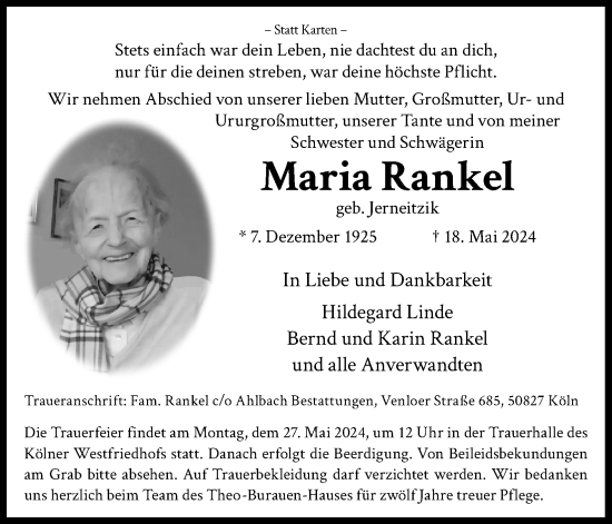 Anzeige von Maria Rankel von Kölner Stadt-Anzeiger / Kölnische Rundschau / Express