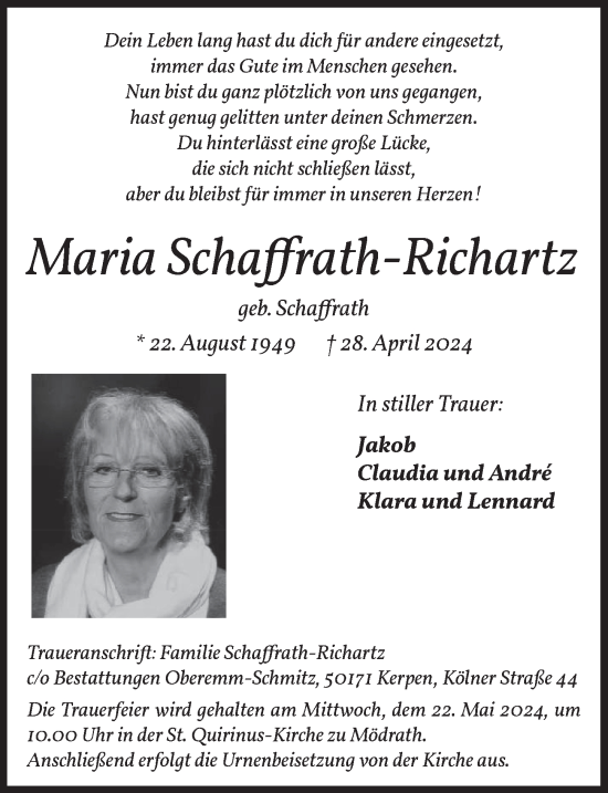 Anzeige von Maria Schaffrath-Richartz von  Werbepost 