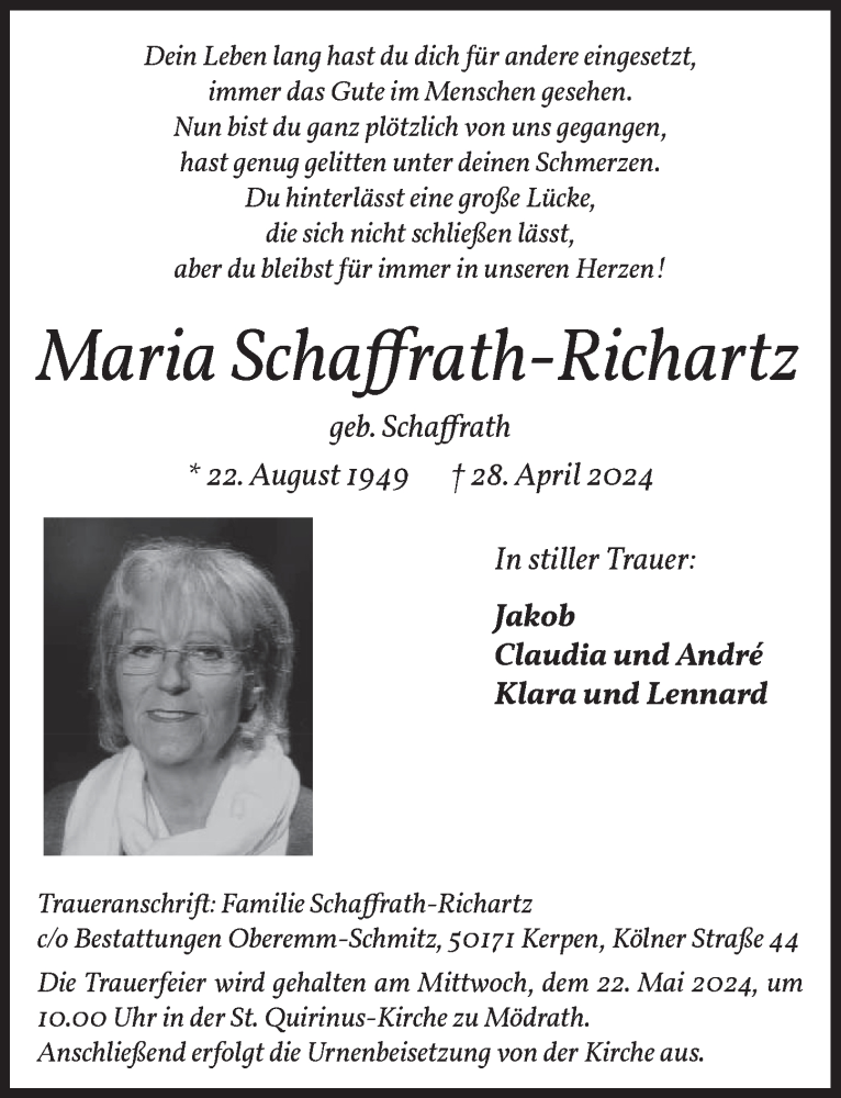  Traueranzeige für Maria Schaffrath-Richartz vom 10.05.2024 aus  Werbepost 