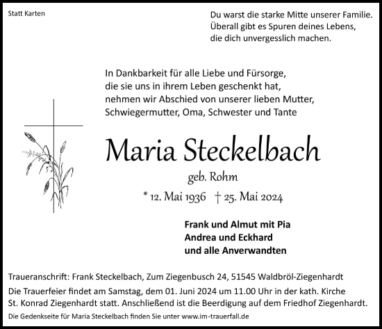 Anzeige von Maria Steckelbach von  Lokalanzeiger 