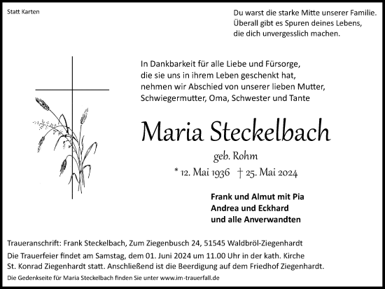 Anzeige von Maria Steckelbach von Kölner Stadt-Anzeiger / Kölnische Rundschau / Express