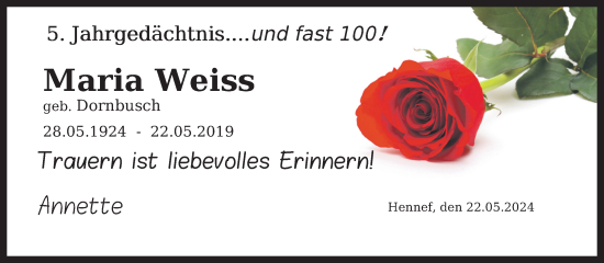Anzeige von Maria Weiss von Kölner Stadt-Anzeiger / Kölnische Rundschau / Express