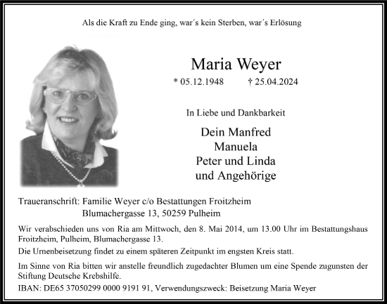 Anzeige von Maria Weyer von  Wochenende 