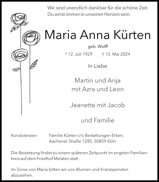 Anzeige von Maria Anna Kürten von Kölner Stadt-Anzeiger / Kölnische Rundschau / Express