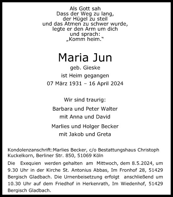 Anzeige von Maria Jun Jun von Kölner Stadt-Anzeiger / Kölnische Rundschau / Express