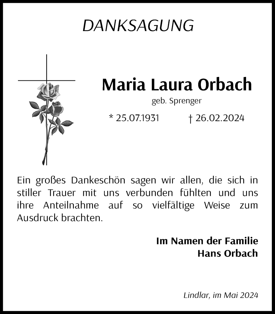  Traueranzeige für Maria Laura Orbach vom 25.05.2024 aus Kölner Stadt-Anzeiger / Kölnische Rundschau / Express