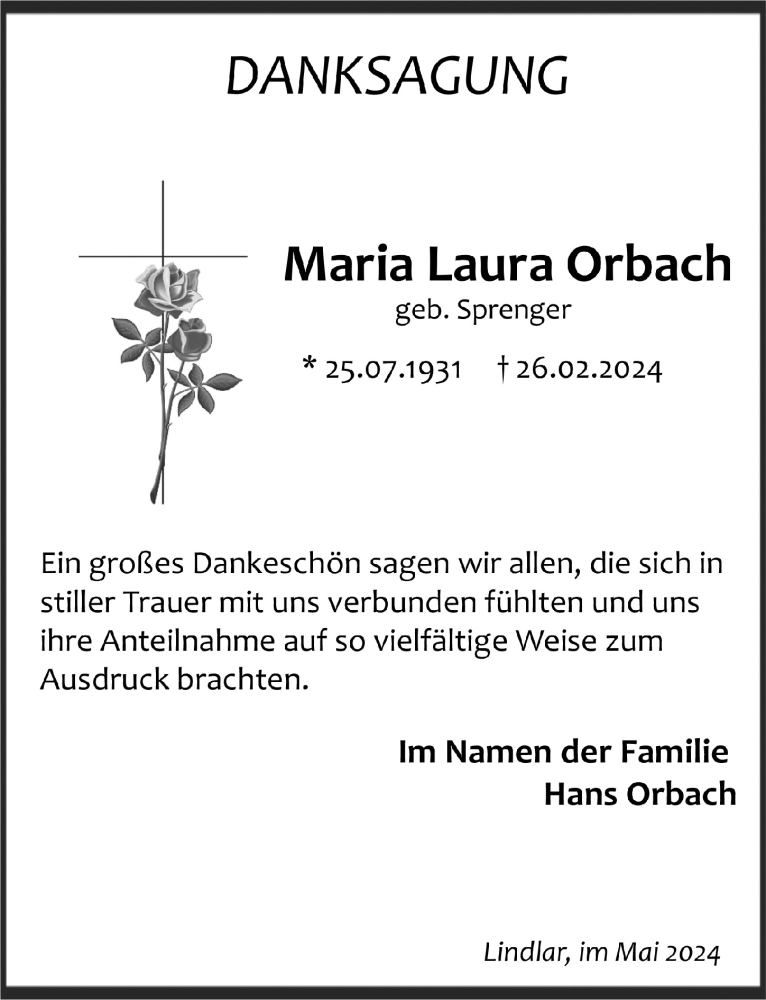  Traueranzeige für Maria Laura Orbach vom 17.05.2024 aus  Anzeigen Echo 