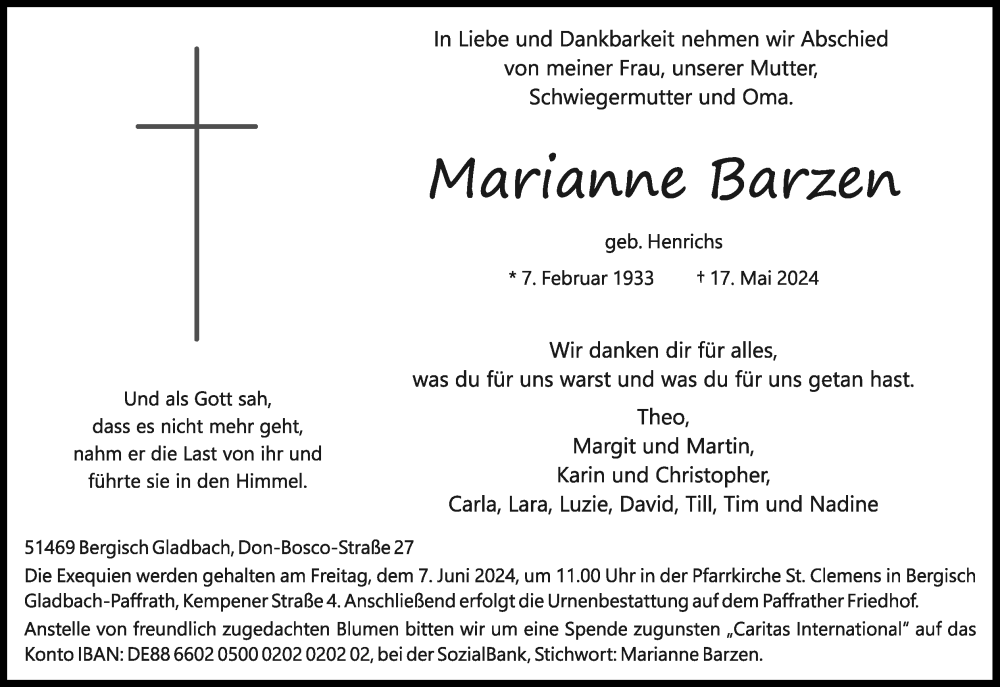  Traueranzeige für Marianne Barzen vom 01.06.2024 aus Kölner Stadt-Anzeiger / Kölnische Rundschau / Express