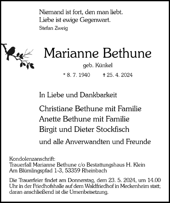 Anzeige von Marianne Bethune von  Schaufenster/Blickpunkt 