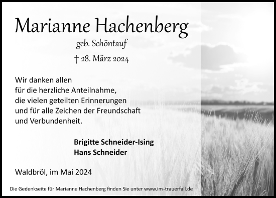 Anzeige von Marianne Hackenberg von  Anzeigen Echo  Lokalanzeiger 