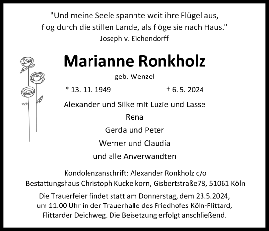 Anzeige von Marianne Ronkholz von Kölner Stadt-Anzeiger / Kölnische Rundschau / Express