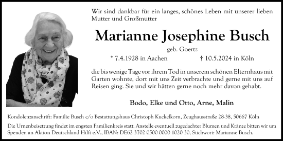 Anzeige von Marianne Josephine Busch von Kölner Stadt-Anzeiger / Kölnische Rundschau / Express