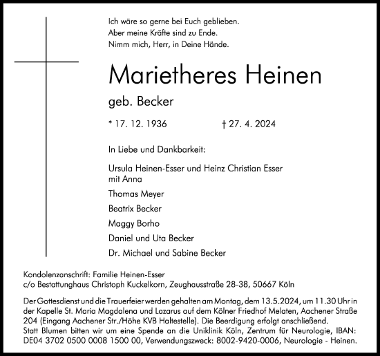 Anzeige von Marietheres Heinen von Kölner Stadt-Anzeiger / Kölnische Rundschau / Express