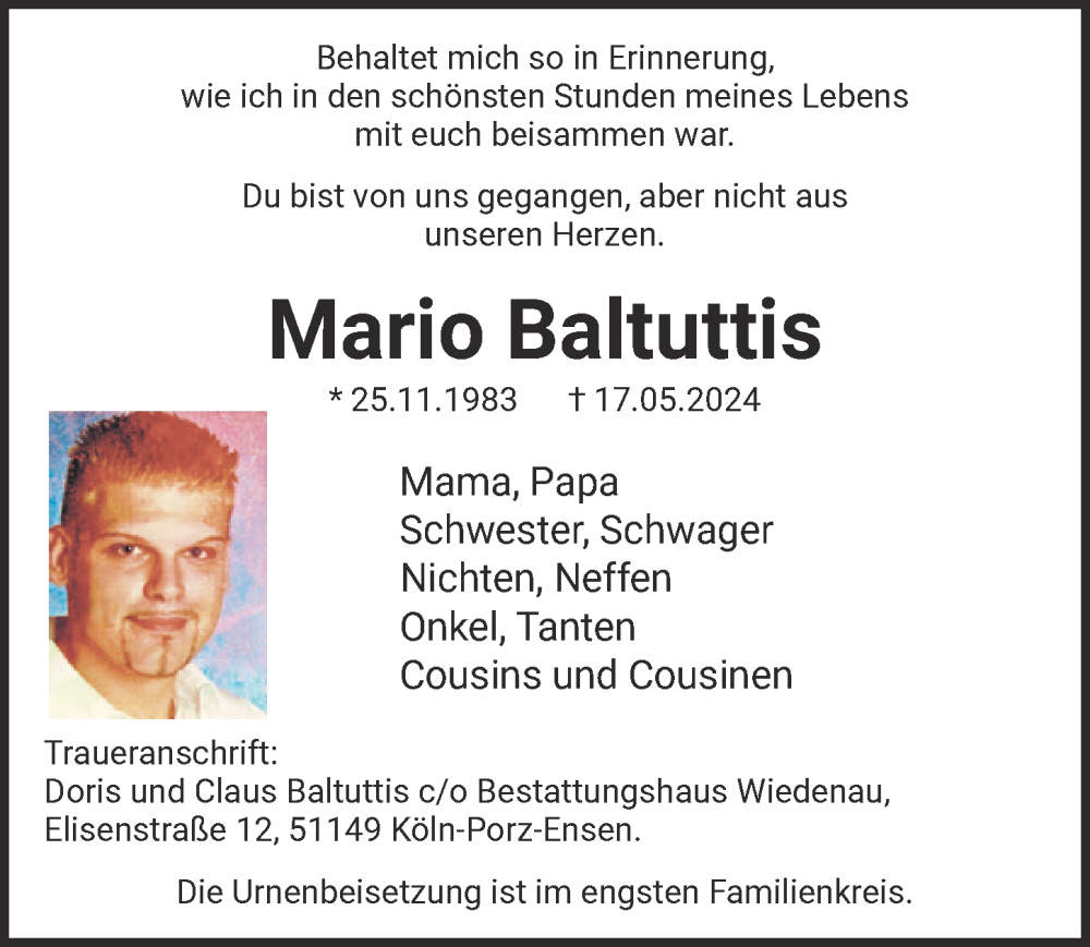 Traueranzeige für Mario Baltuttis vom 31.05.2024 aus  EXPRESS - Die Woche 