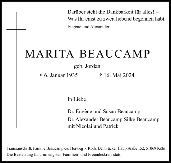 Anzeige von Marita Beaucamp von Kölner Stadt-Anzeiger / Kölnische Rundschau / Express