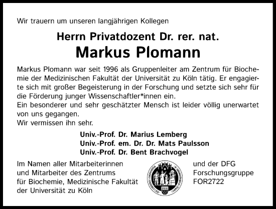 Anzeige von Markus Plomann von Kölner Stadt-Anzeiger / Kölnische Rundschau / Express