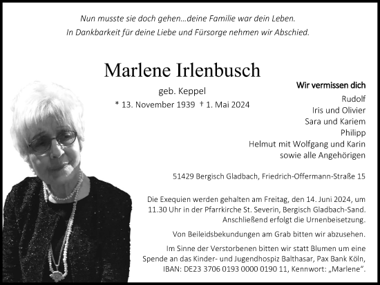 Anzeige von Marlene Irlenbusch von Kölner Stadt-Anzeiger / Kölnische Rundschau / Express