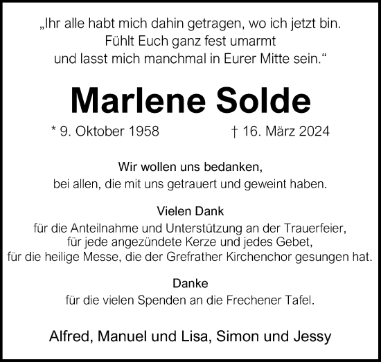 Anzeige von Marlene Solde von Kölner Stadt-Anzeiger / Kölnische Rundschau / Express