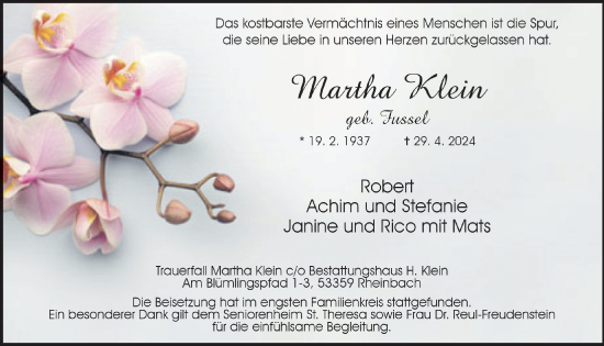 Anzeige von Martha Klein von  Blickpunkt Euskirchen 