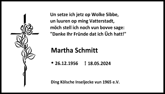 Anzeige von Martha Schmitt von Kölner Stadt-Anzeiger / Kölnische Rundschau / Express