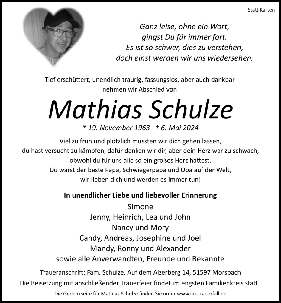  Traueranzeige für Mathias Schulze vom 17.05.2024 aus  Lokalanzeiger 