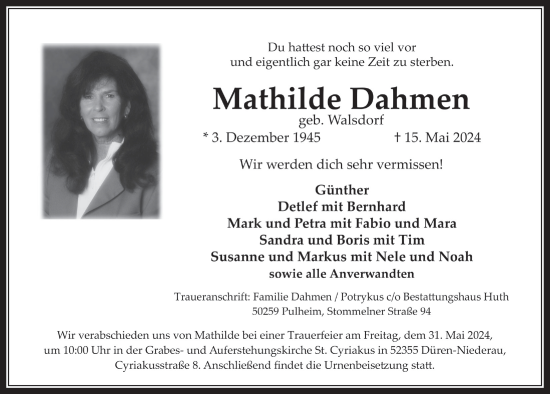 Anzeige von Mathilde Dahmen von  Wochenende 