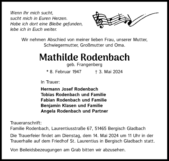 Anzeige von Mathilde Rodenbach von Kölner Stadt-Anzeiger / Kölnische Rundschau / Express