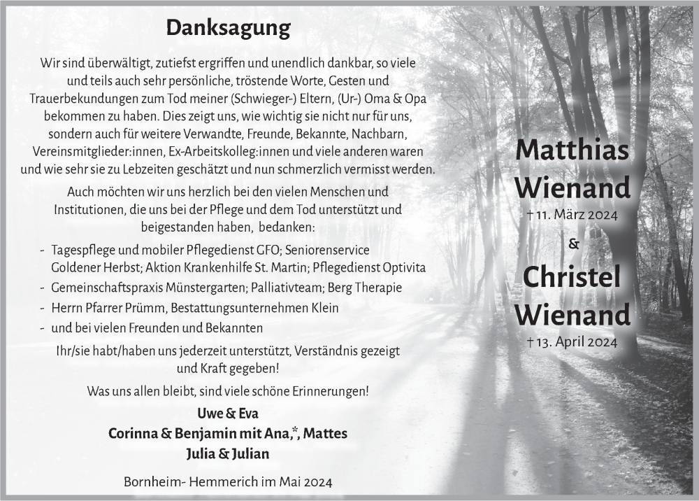  Traueranzeige für Matthias Wienand vom 24.05.2024 aus  Schaufenster/Blickpunkt 