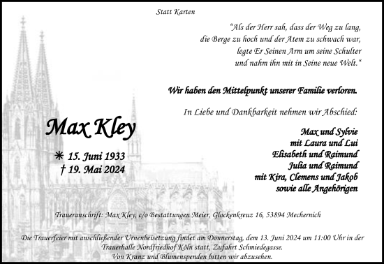 Anzeige von Max Kley von Kölner Stadt-Anzeiger / Kölnische Rundschau / Express