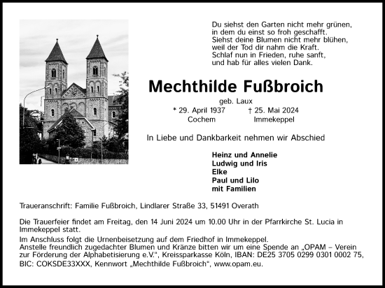 Anzeige von Mechthilde Fußbroich von Kölner Stadt-Anzeiger / Kölnische Rundschau / Express