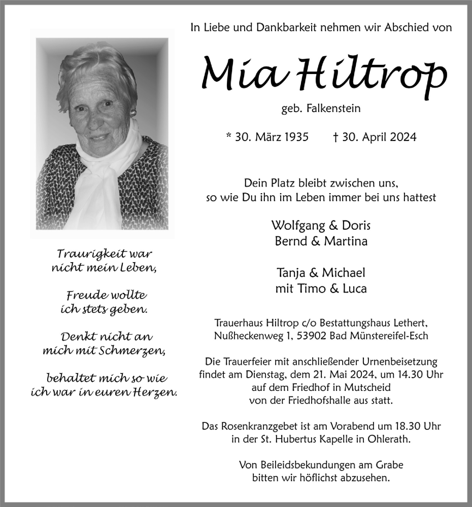  Traueranzeige für Mia Hiltrop vom 18.05.2024 aus  Blickpunkt Euskirchen 