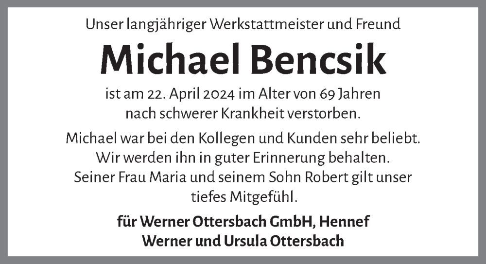  Traueranzeige für Michael Bencsik vom 17.05.2024 aus  Extra Blatt 
