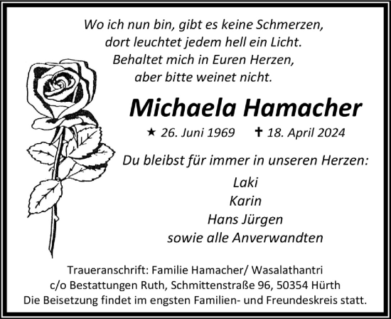 Anzeige von Michaela Hamacher von  Wochenende 