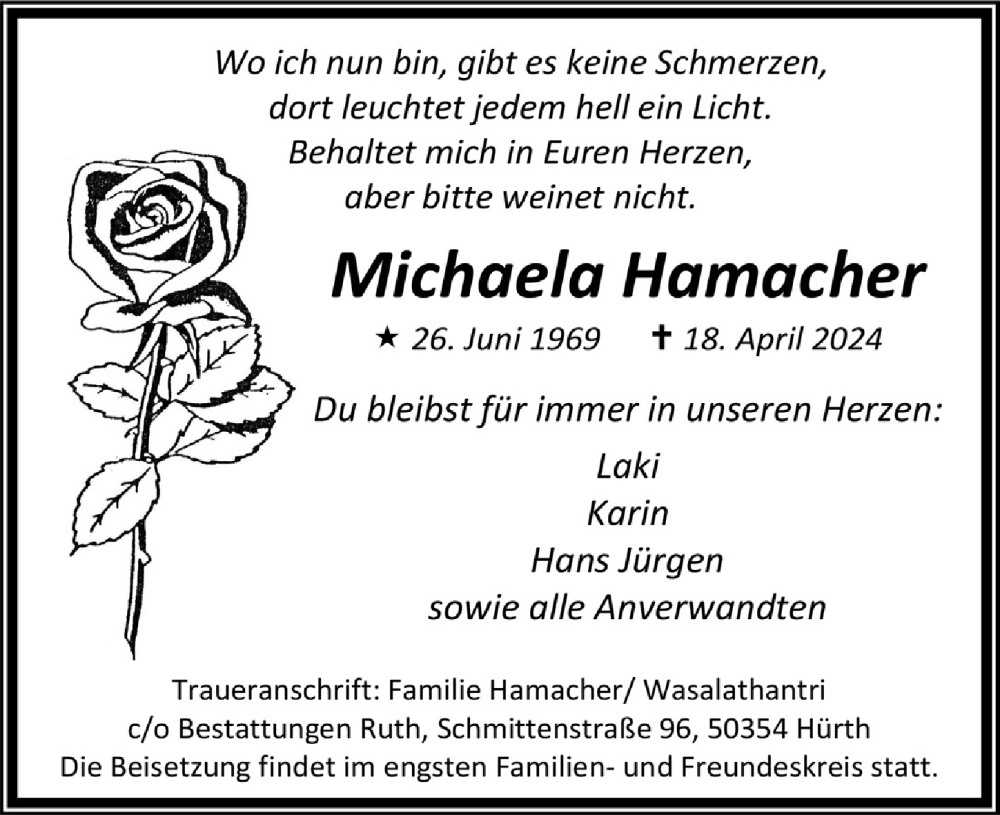  Traueranzeige für Michaela Hamacher vom 03.05.2024 aus  Wochenende 