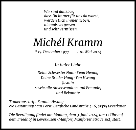 Anzeige von Michél Kramm von Kölner Stadt-Anzeiger / Kölnische Rundschau / Express