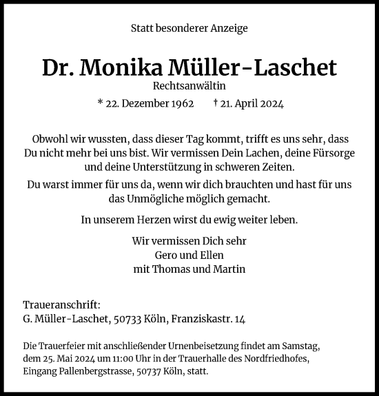 Anzeige von Monika Müller-Laschet von Kölner Stadt-Anzeiger / Kölnische Rundschau / Express