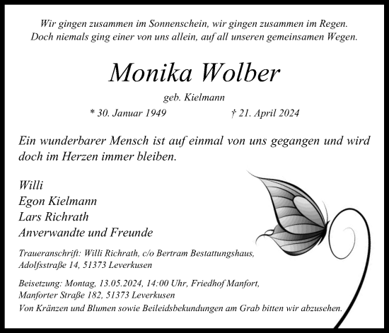 Anzeige von Monika Wolber von Kölner Stadt-Anzeiger / Kölnische Rundschau / Express