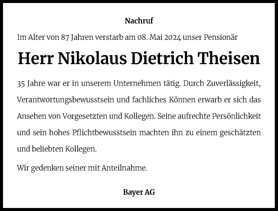 Anzeige von Nikolaus Dietrich Theisen von Kölner Stadt-Anzeiger / Kölnische Rundschau / Express