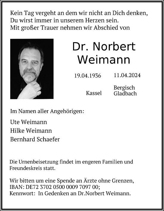 Anzeige von Norbert Weimann von Kölner Stadt-Anzeiger / Kölnische Rundschau / Express