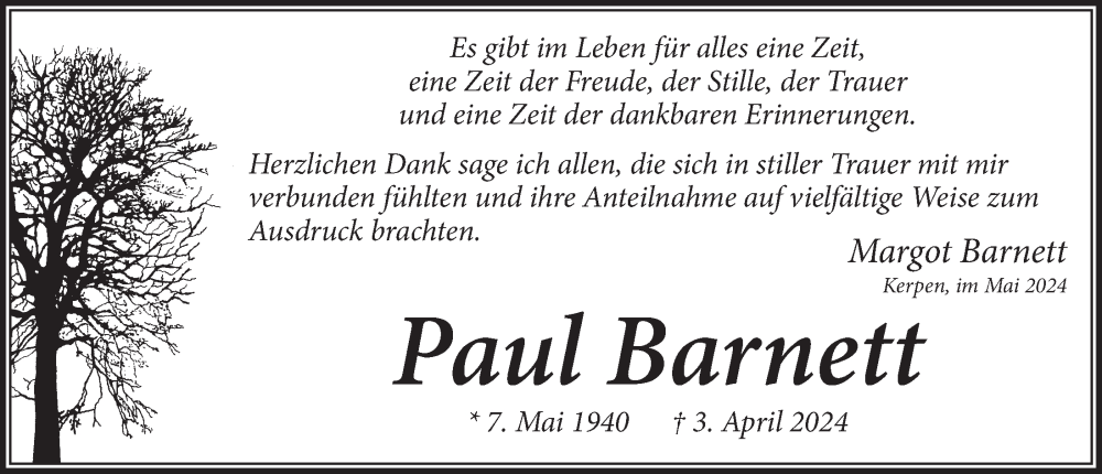  Traueranzeige für Paul Barnett vom 17.05.2024 aus  Werbepost 