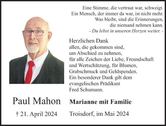 Anzeige von Paul Mahon von Kölner Stadt-Anzeiger / Kölnische Rundschau / Express