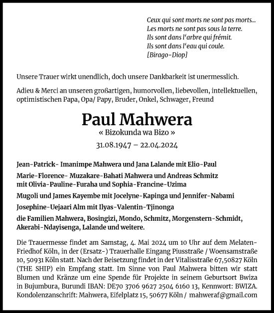 Anzeige von Paul Mahwera von Kölner Stadt-Anzeiger / Kölnische Rundschau / Express
