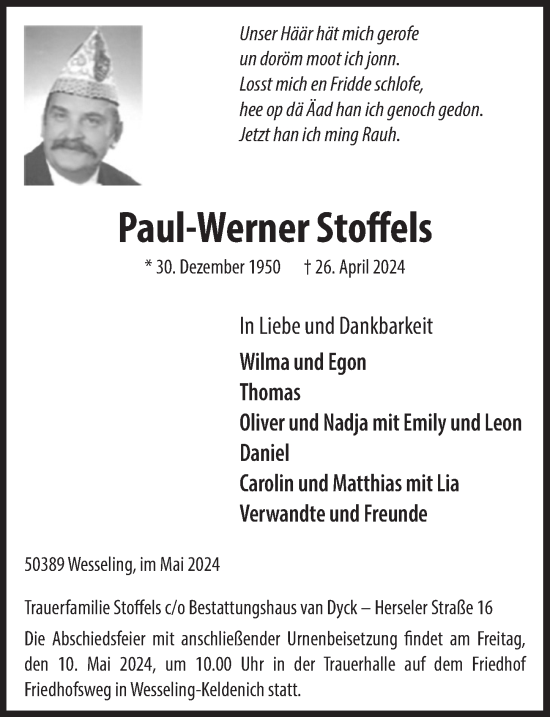 Anzeige von Paul-Werner Stoffels von  Schlossbote/Werbekurier 