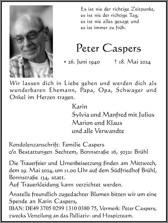Anzeige von Peter Caspers von Kölner Stadt-Anzeiger / Kölnische Rundschau / Express
