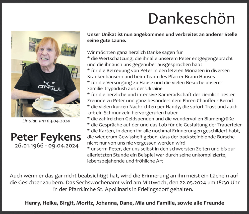  Traueranzeige für Peter Feykens vom 17.05.2024 aus  Anzeigen Echo 