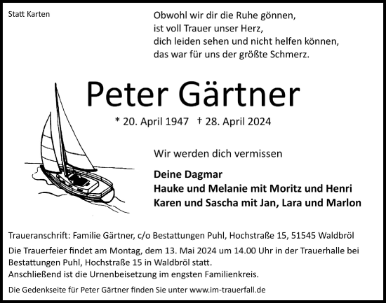 Traueranzeigen von Peter Gärtner WirTrauern