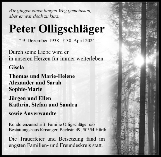 Anzeige von Peter Olligschläger von  Wochenende 