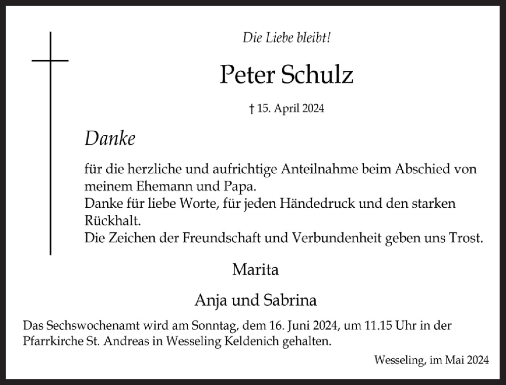  Traueranzeige für Peter Schulz vom 17.05.2024 aus  Schlossbote/Werbekurier 