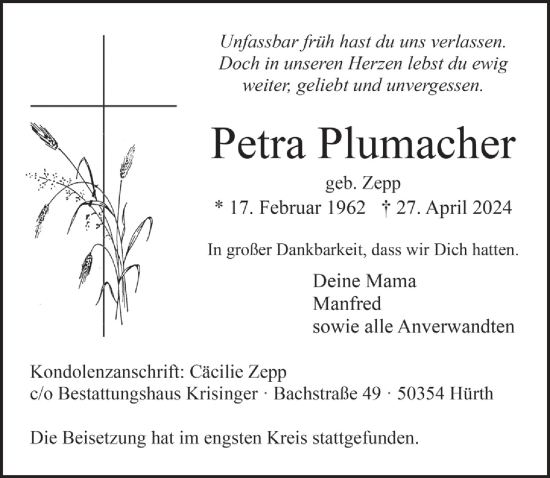 Anzeige von Petra Plumacher von  Wochenende 
