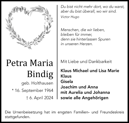 Anzeige von Petra Maria Bindig von Kölner Stadt-Anzeiger / Kölnische Rundschau / Express